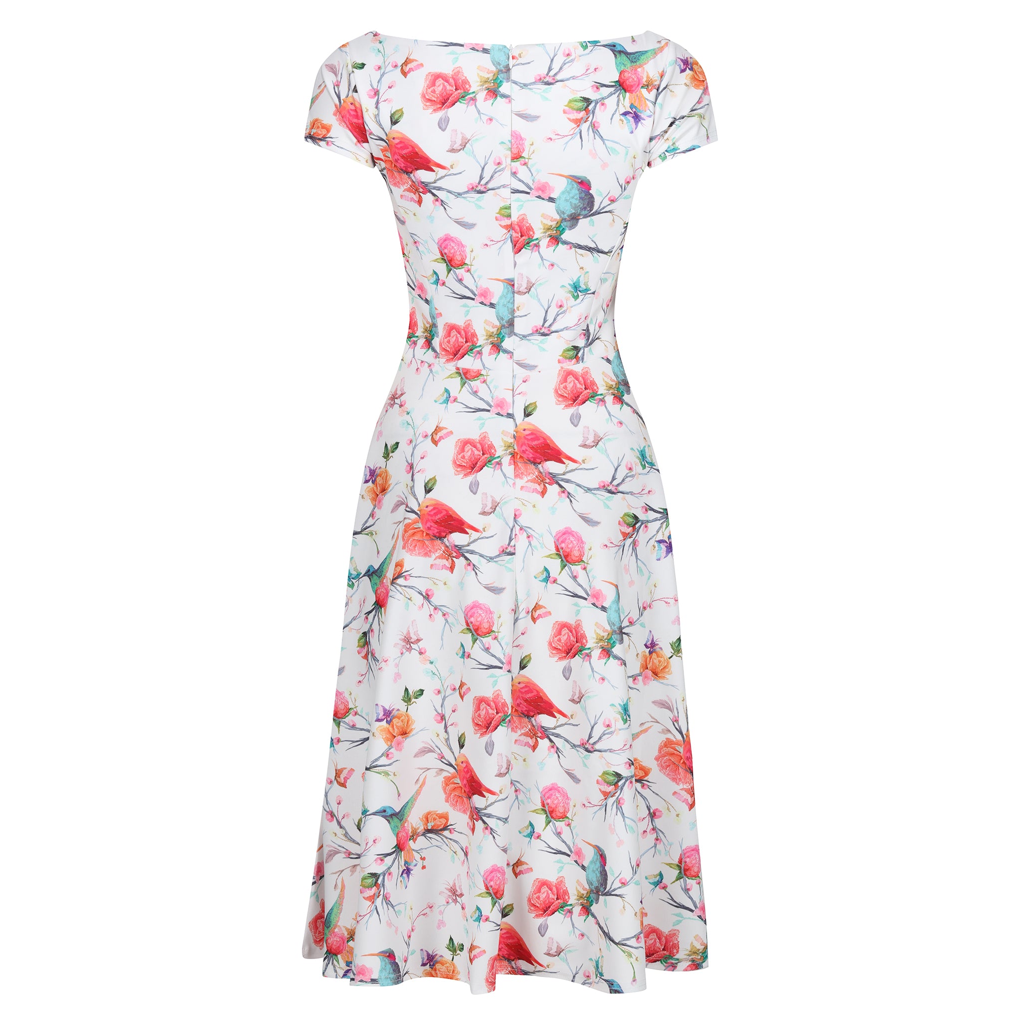 White Floral Bird Butterfly Print Cap Sleeve 50s Audrey Swing Dress - Shop Now