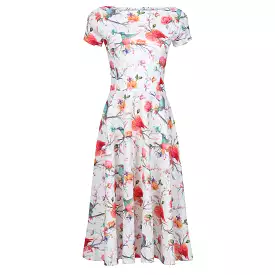 White Floral Bird Butterfly Print Cap Sleeve 50s Audrey Swing Dress - Shop Now