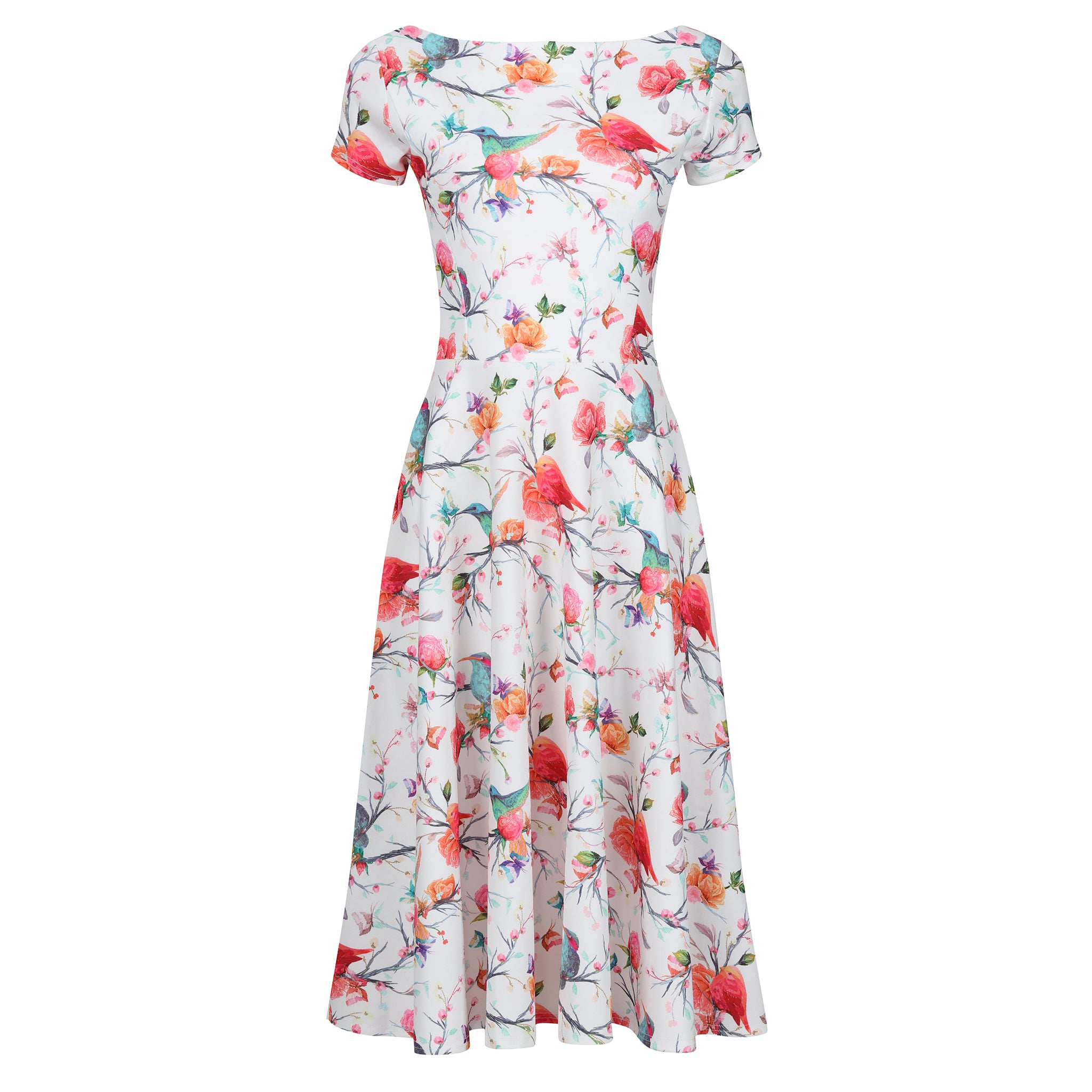 White Floral Bird Butterfly Print Cap Sleeve 50s Audrey Swing Dress - Shop Now