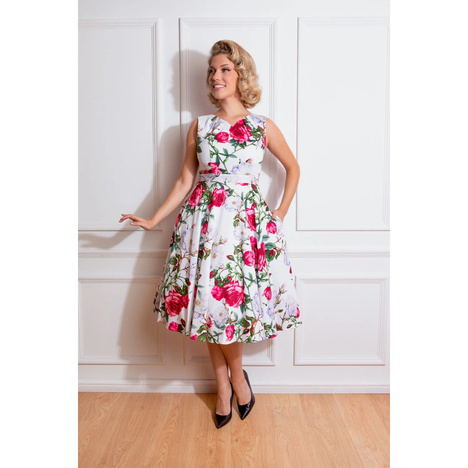 White Floral Print V Neck Rockabilly Swing Dress