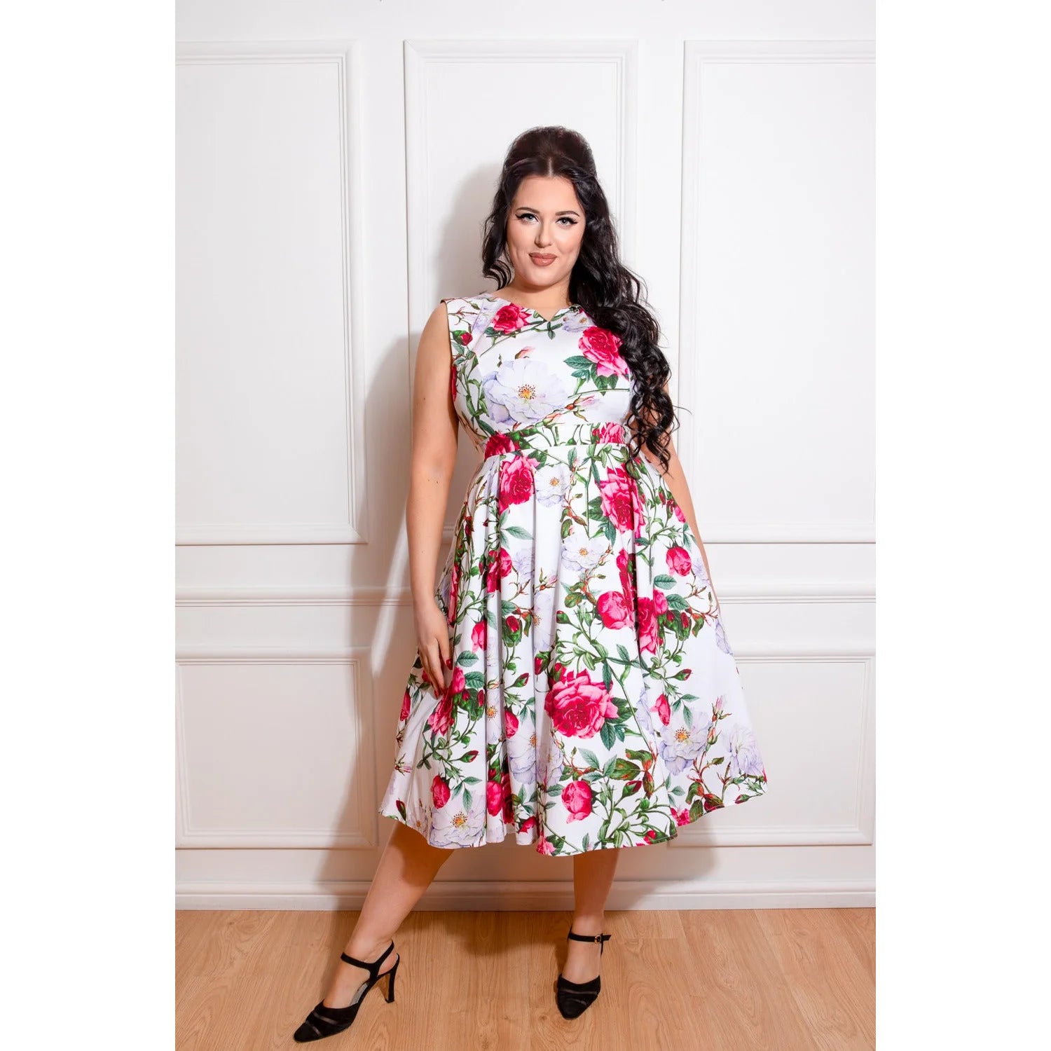 White Floral Print V Neck Rockabilly Swing Dress