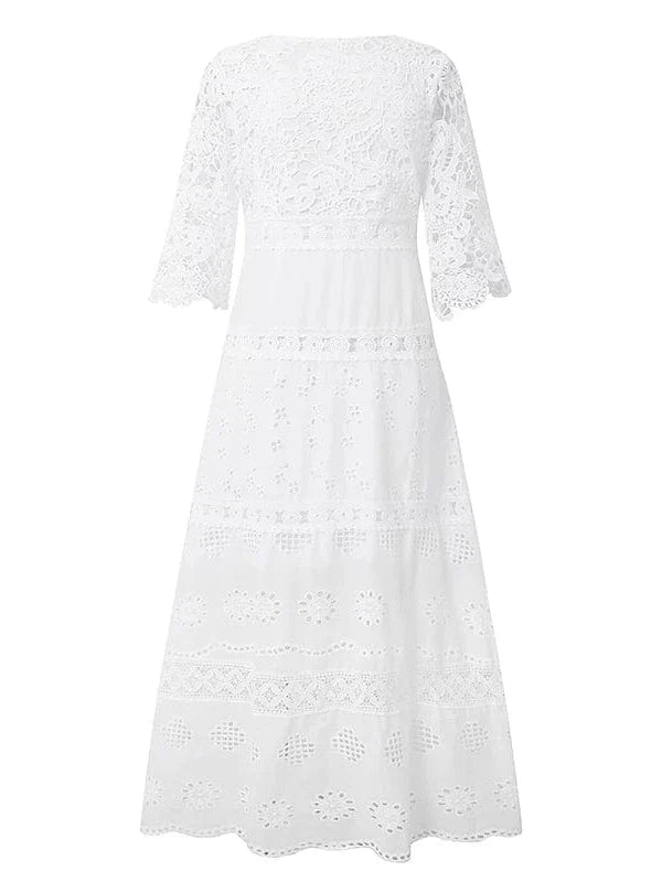 White Lace Maxi Dress with V-Neck and 3/4 Sleeves - Sizes S-XXL