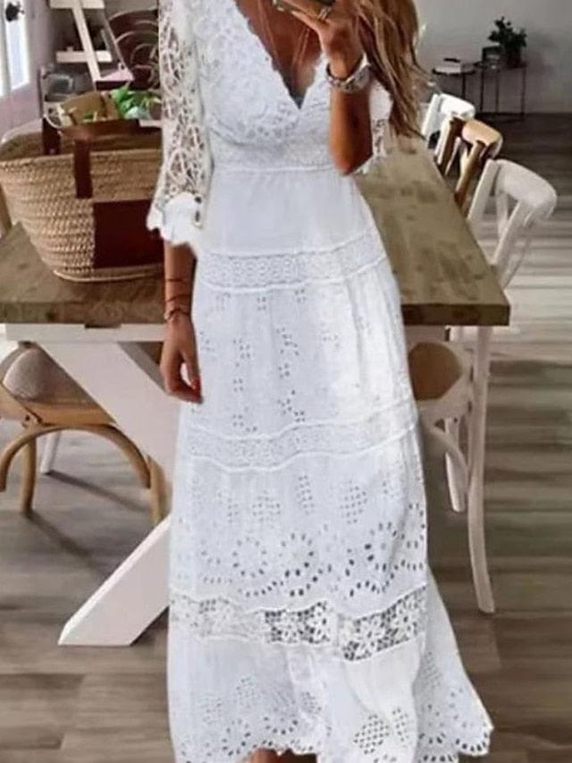 White Lace Maxi Dress with V-Neck and 3/4 Sleeves - Sizes S-XXL