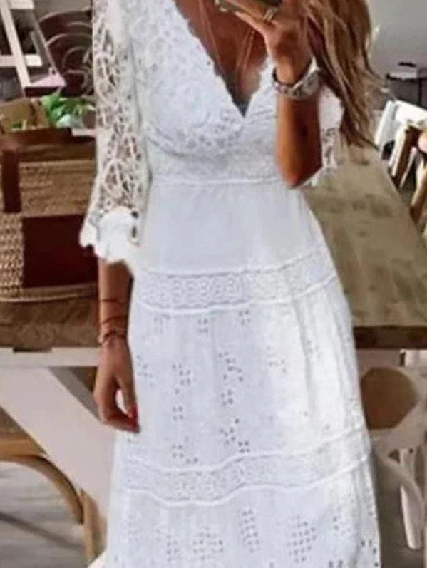 White Lace Maxi Dress with V-Neck and 3/4 Sleeves - Sizes S-XXL