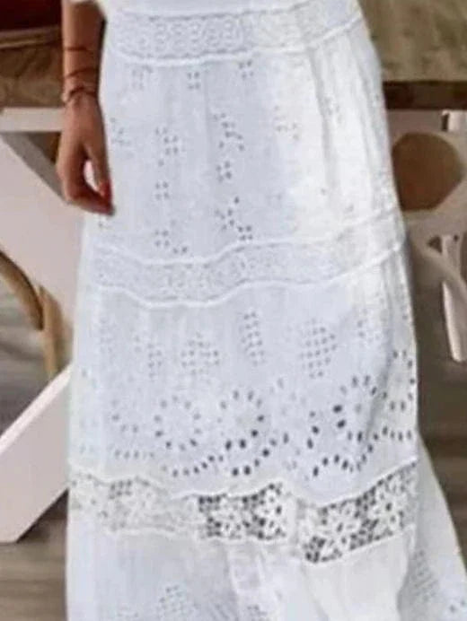 White Lace Maxi Dress with V-Neck and 3/4 Sleeves - Sizes S-XXL