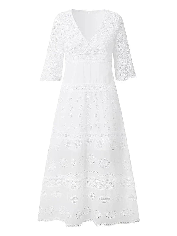 White Lace Maxi Dress with V-Neck and 3/4 Sleeves - Sizes S-XXL