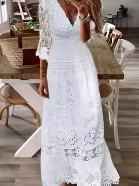 White Lace Maxi Dress with V-Neck and 3/4 Sleeves - Sizes S-XXL