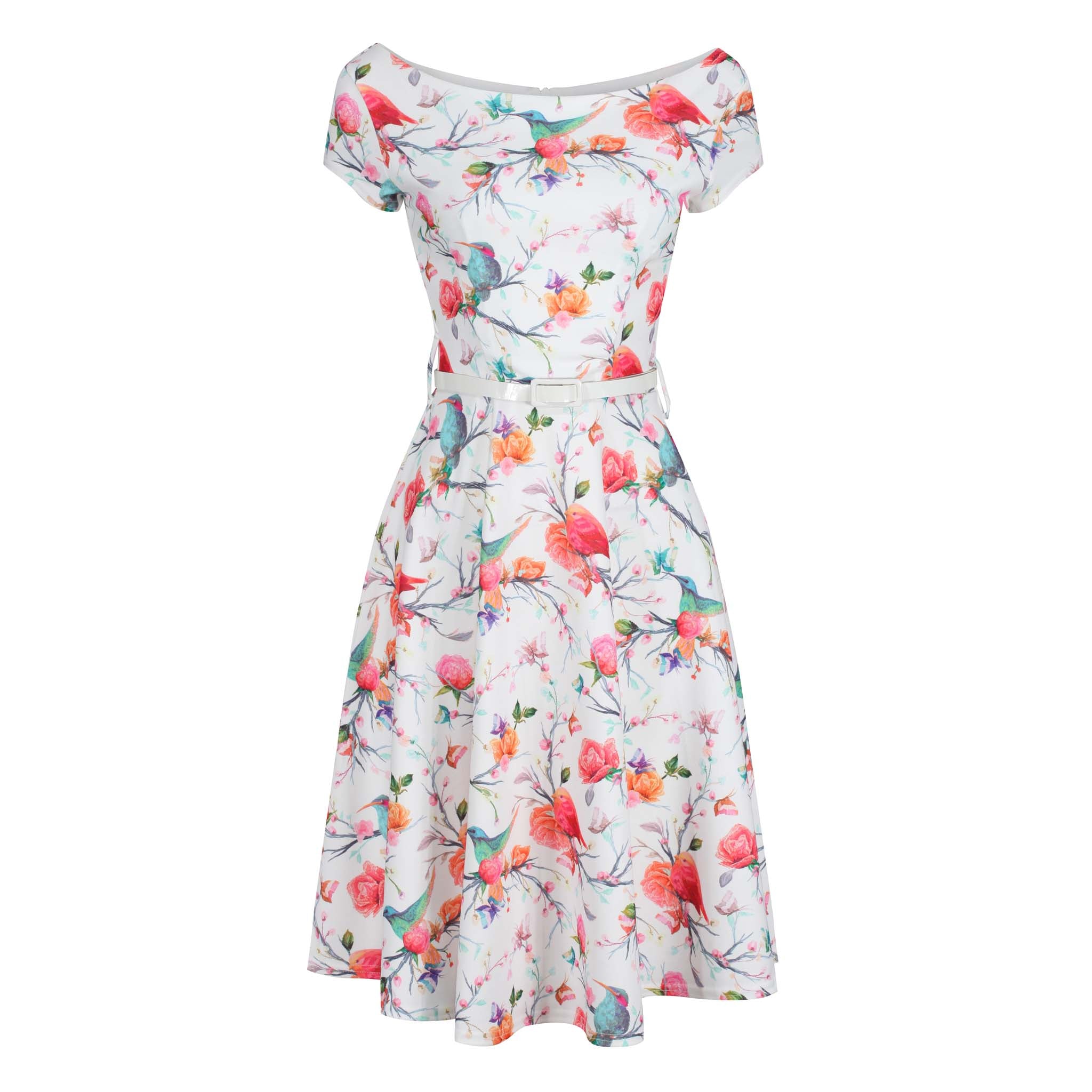 White Pink Bird Butterfly Print Capped Sleeve Belted Dress