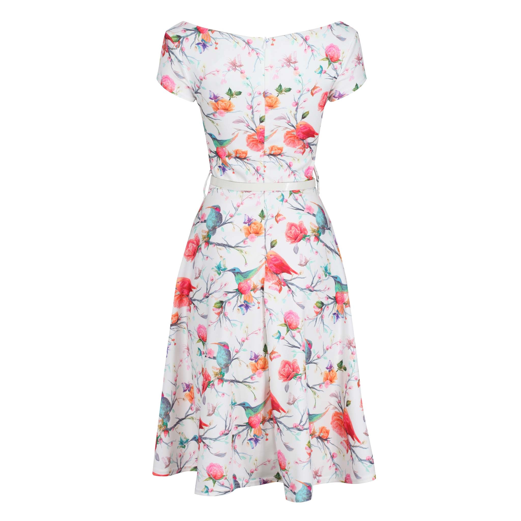 White Pink Bird Butterfly Print Capped Sleeve Belted Dress