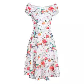 White Pink Bird Butterfly Print Capped Sleeve Belted Dress