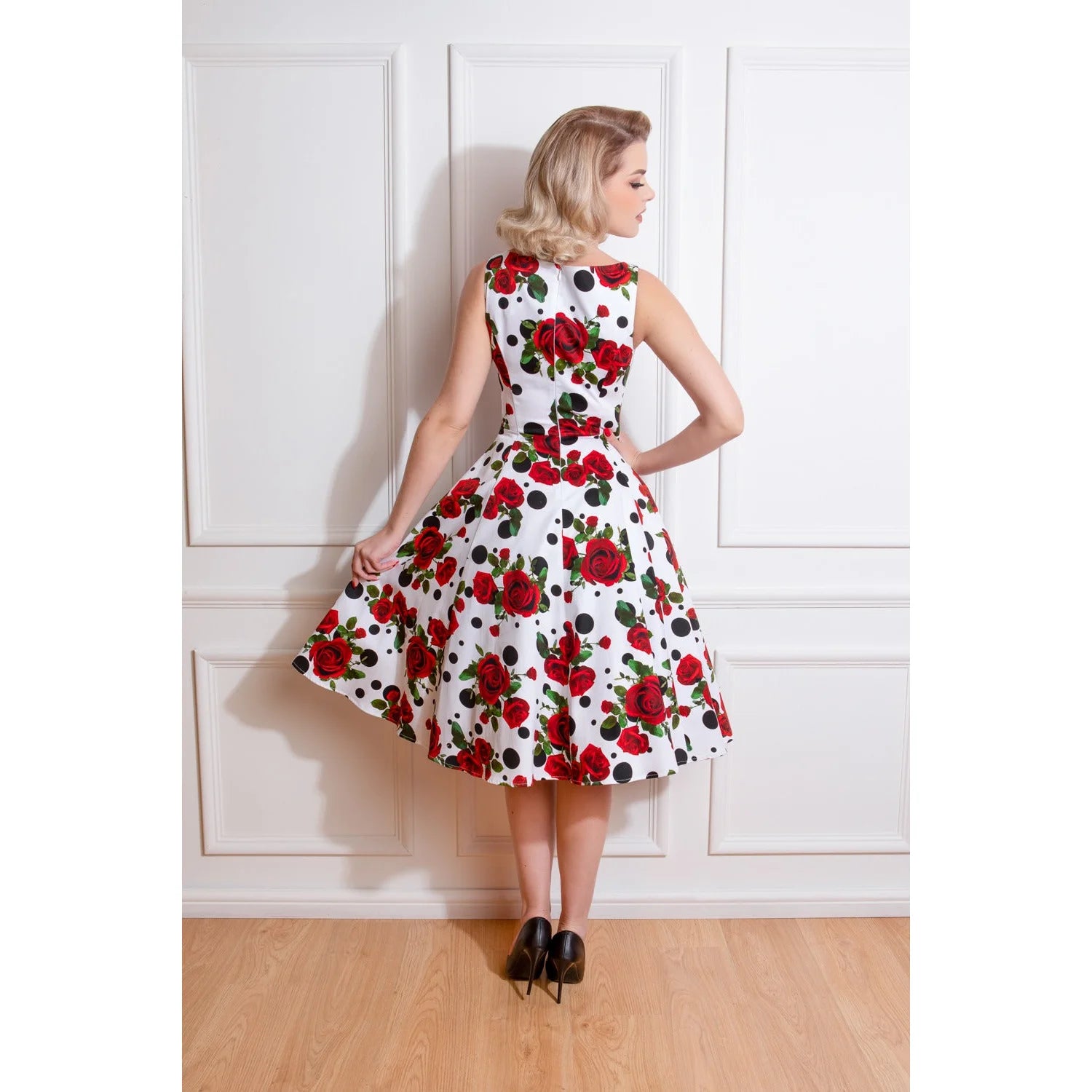 White Polka Dot Red Rose Print Rockabilly Swing Dress with Pockets