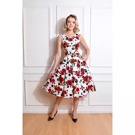 White Polka Dot Red Rose Print Rockabilly Swing Dress with Pockets