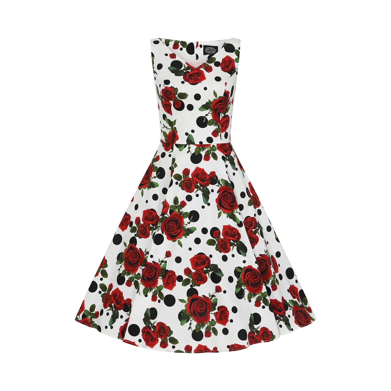 White Polka Dot Red Rose Print Rockabilly Swing Dress with Pockets