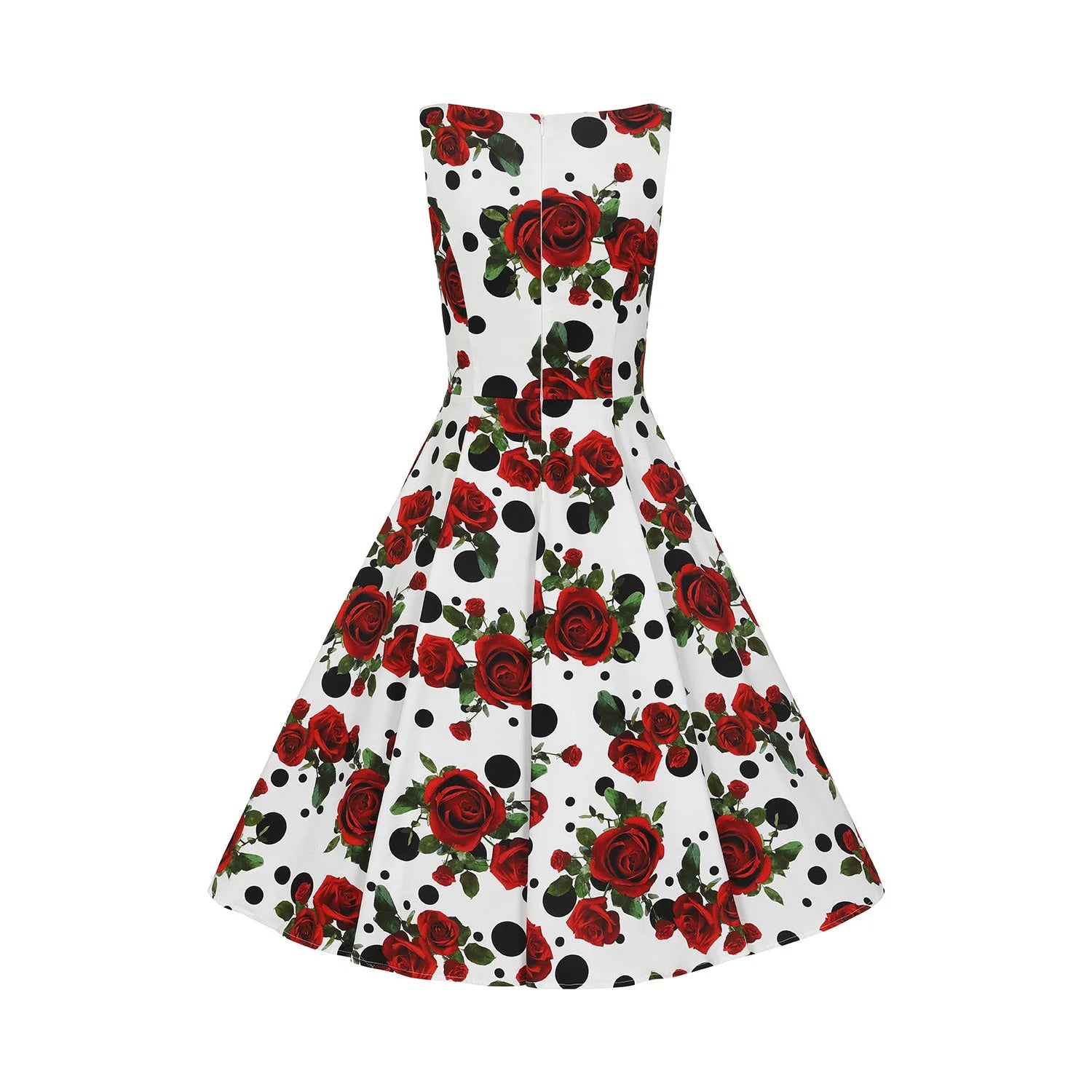 White Polka Dot Red Rose Print Rockabilly Swing Dress with Pockets