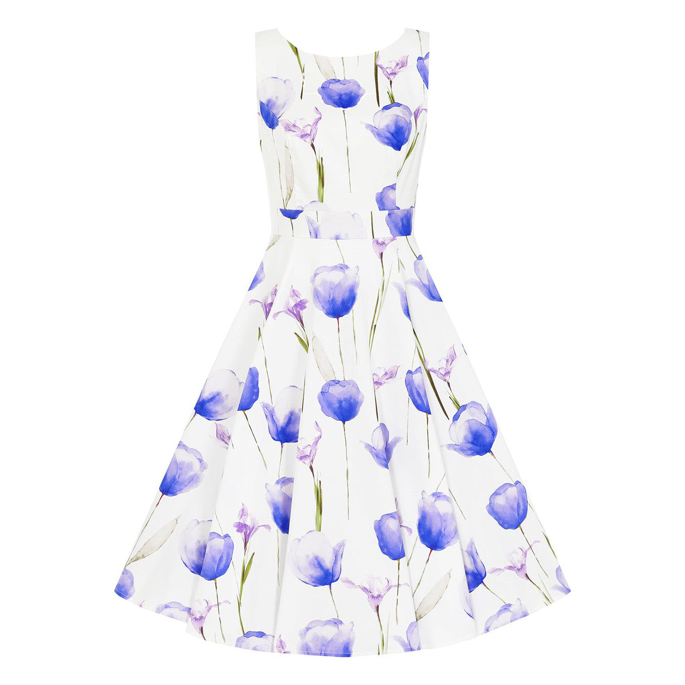 White Purple Tulips Floral Print 50s Swing Dress