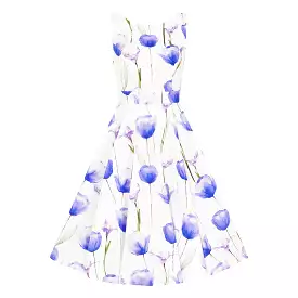 White Purple Tulips Floral Print 50s Swing Dress