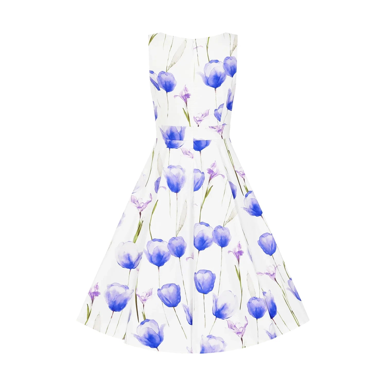 White Purple Tulips Floral Print 50s Swing Dress