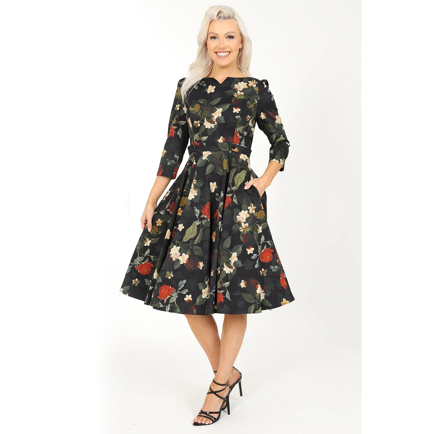 Winter floral dress with 3/4 sleeves, belt, and pockets - 50s swing style