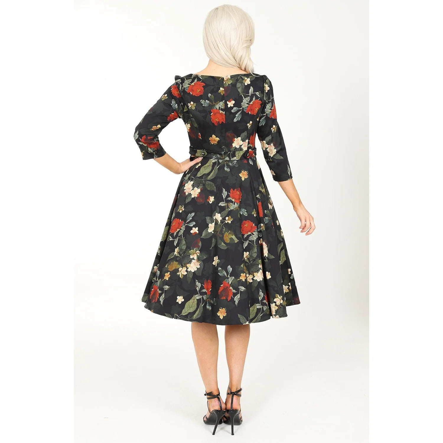 Winter floral dress with 3/4 sleeves, belt, and pockets - 50s swing style