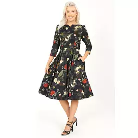 Winter floral dress with 3/4 sleeves, belt, and pockets - 50s swing style