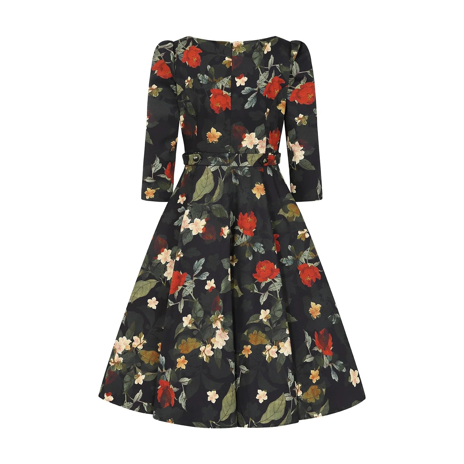 Winter floral dress with 3/4 sleeves, belt, and pockets - 50s swing style