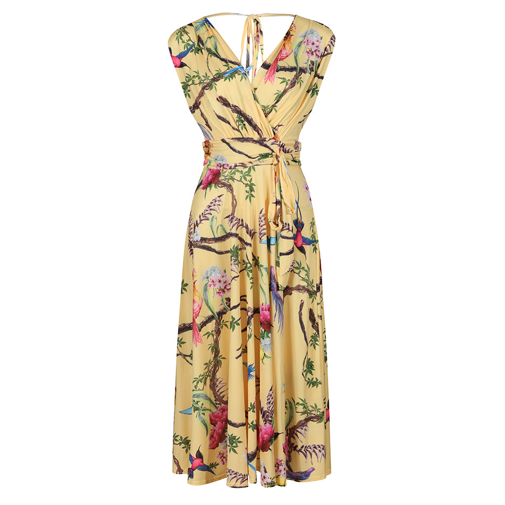 Yellow tropical bird print dress