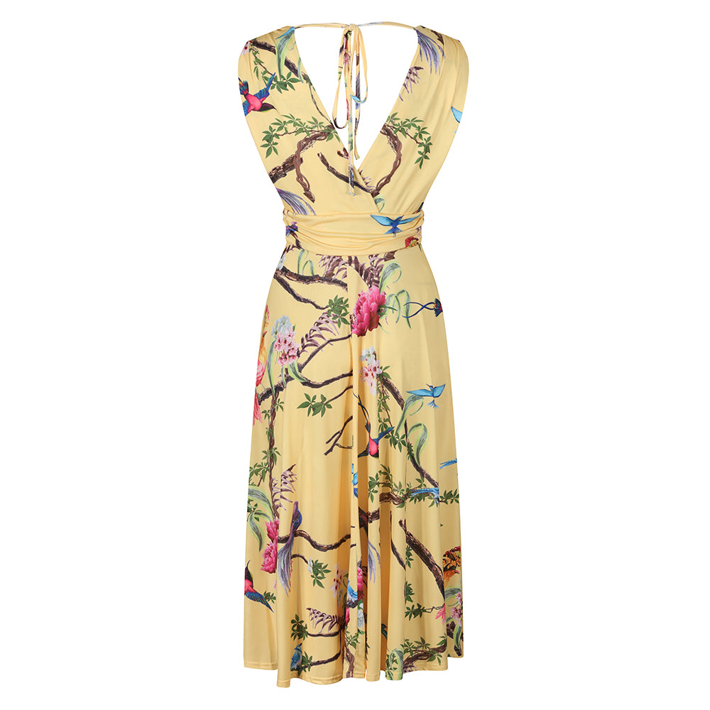 Yellow tropical bird print dress