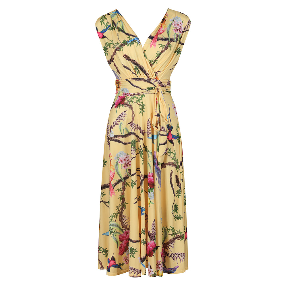 Yellow tropical bird print dress