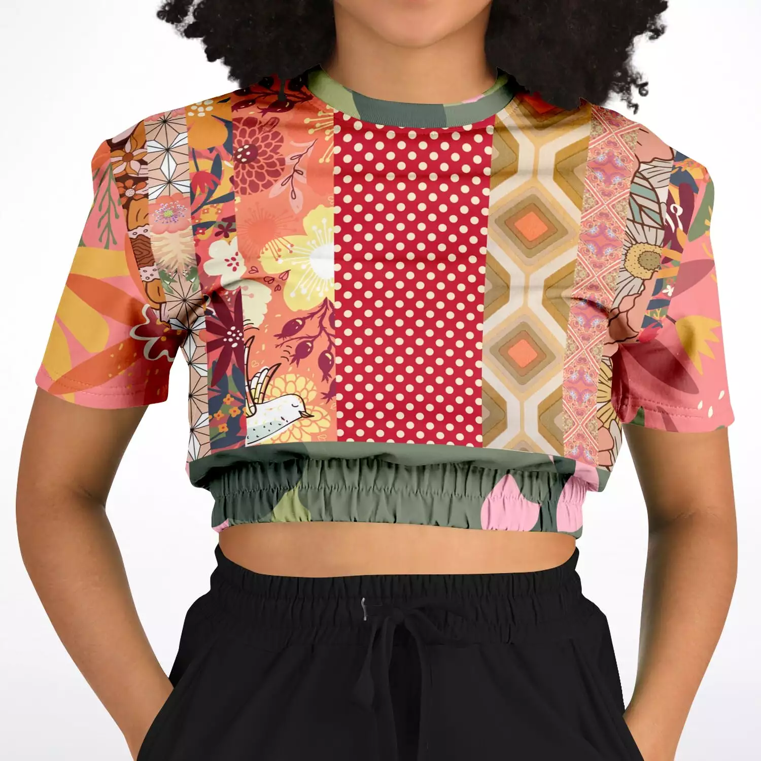 Yogananda Pink Floral Patchwork Cropped Sweater