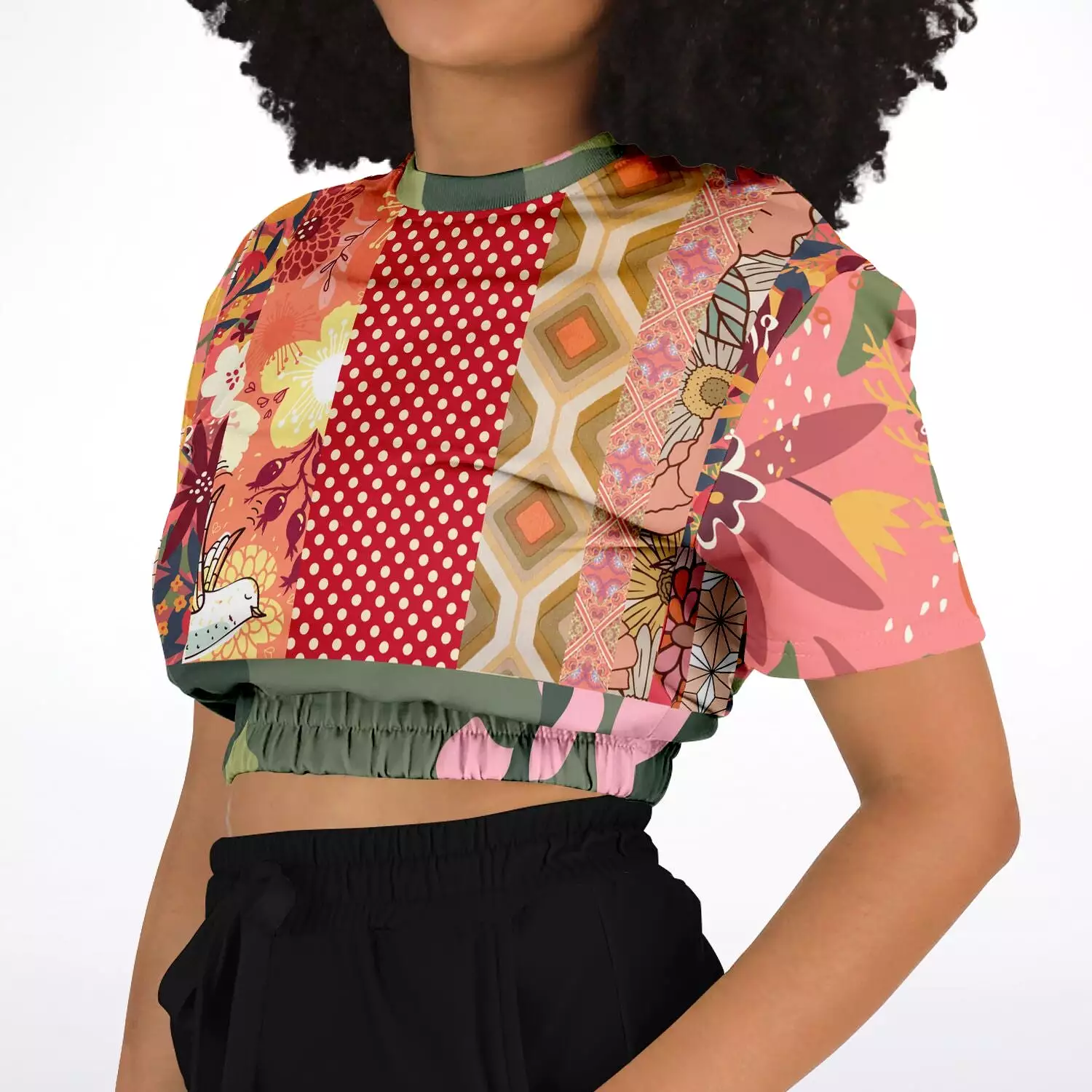 Yogananda Pink Floral Patchwork Cropped Sweater