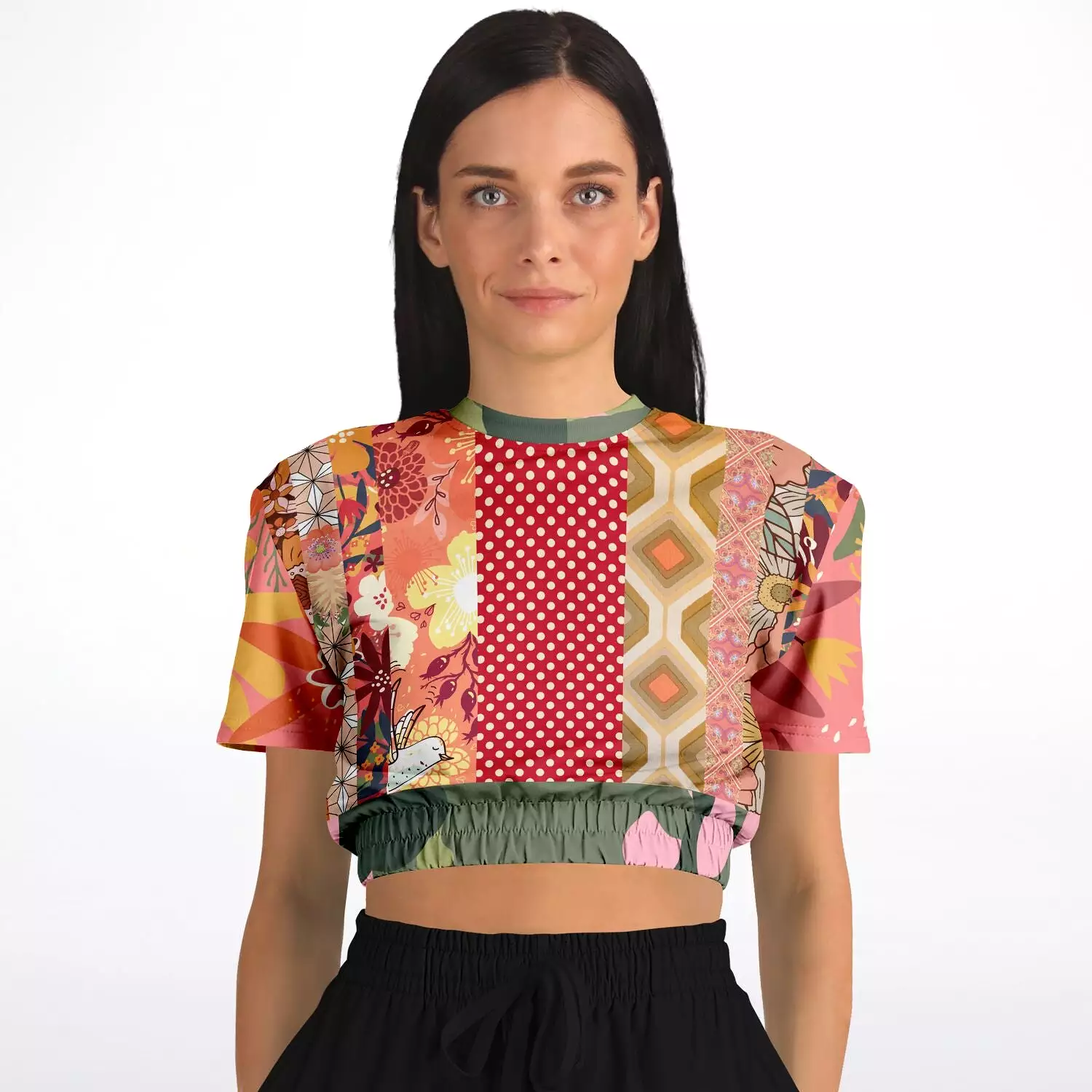 Yogananda Pink Floral Patchwork Cropped Sweater