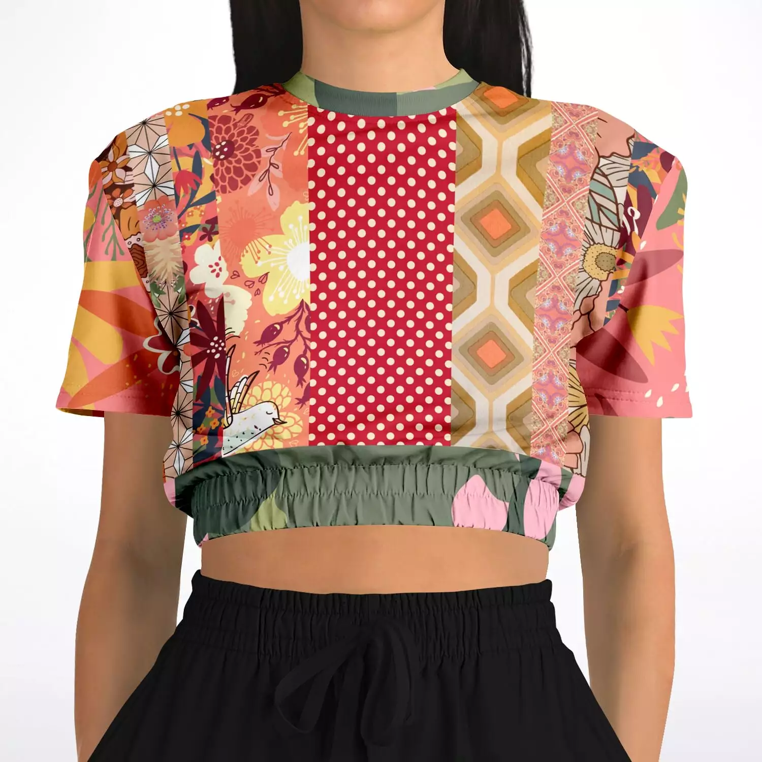 Yogananda Pink Floral Patchwork Cropped Sweater