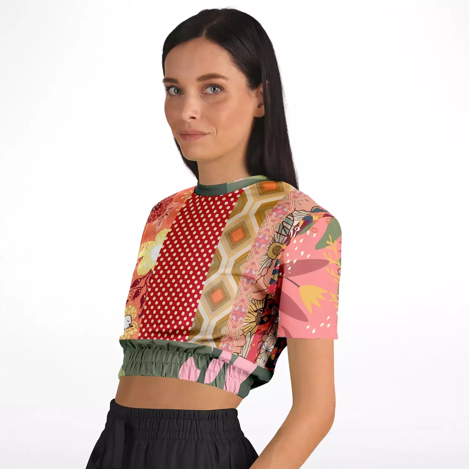 Yogananda Pink Floral Patchwork Cropped Sweater