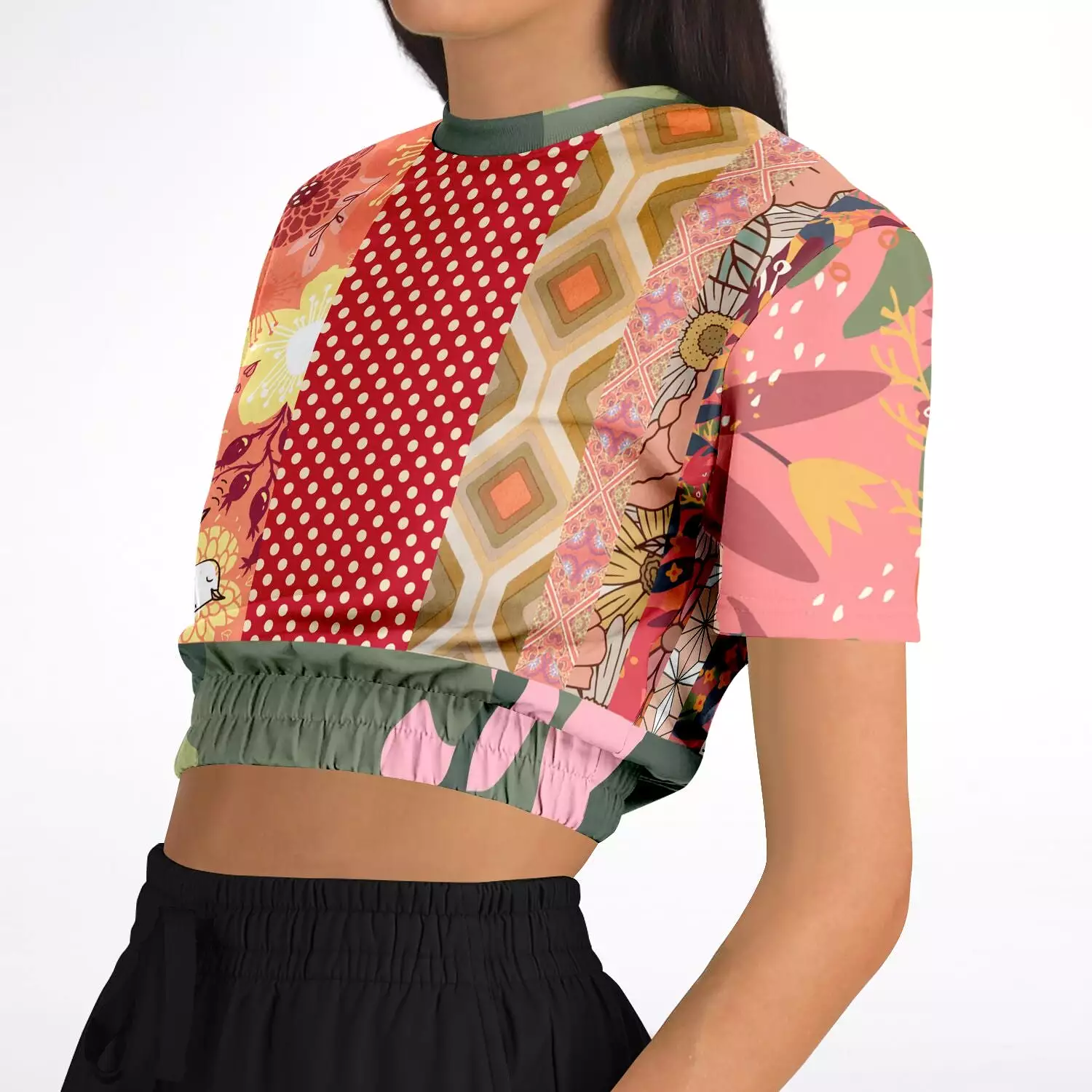 Yogananda Pink Floral Patchwork Cropped Sweater