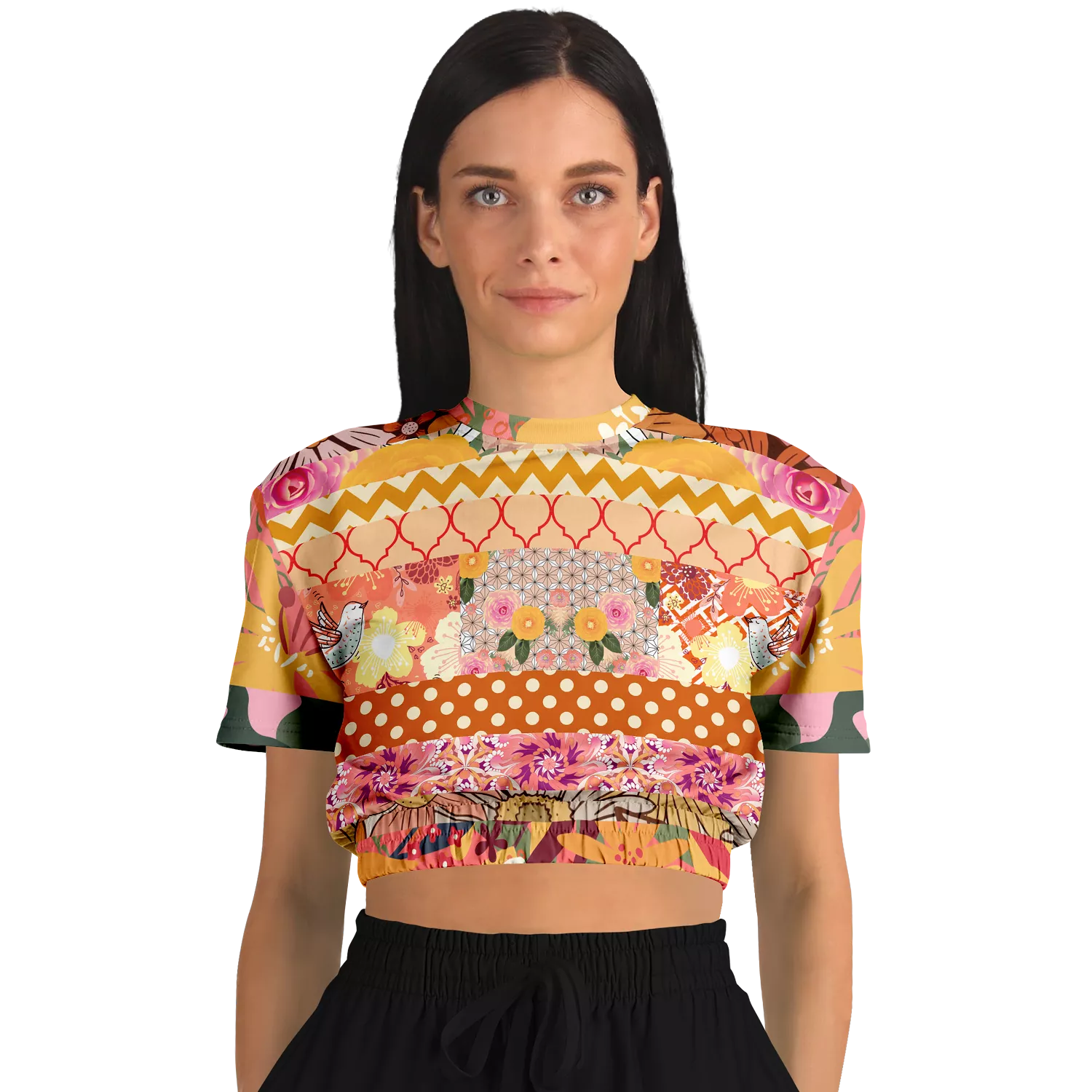 Yogananda Striped Floral Patchwork Crop Sweater