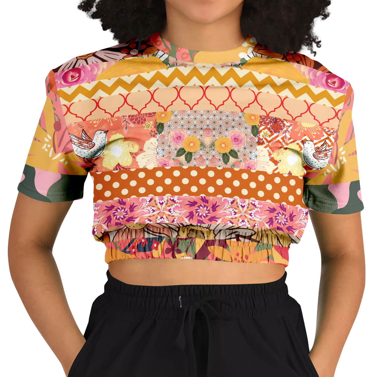 Yogananda Striped Floral Patchwork Crop Sweater