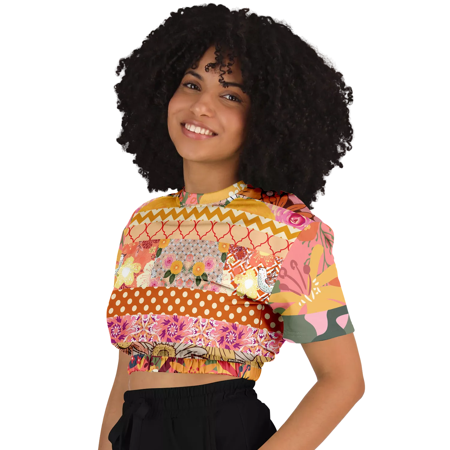 Yogananda Striped Floral Patchwork Crop Sweater