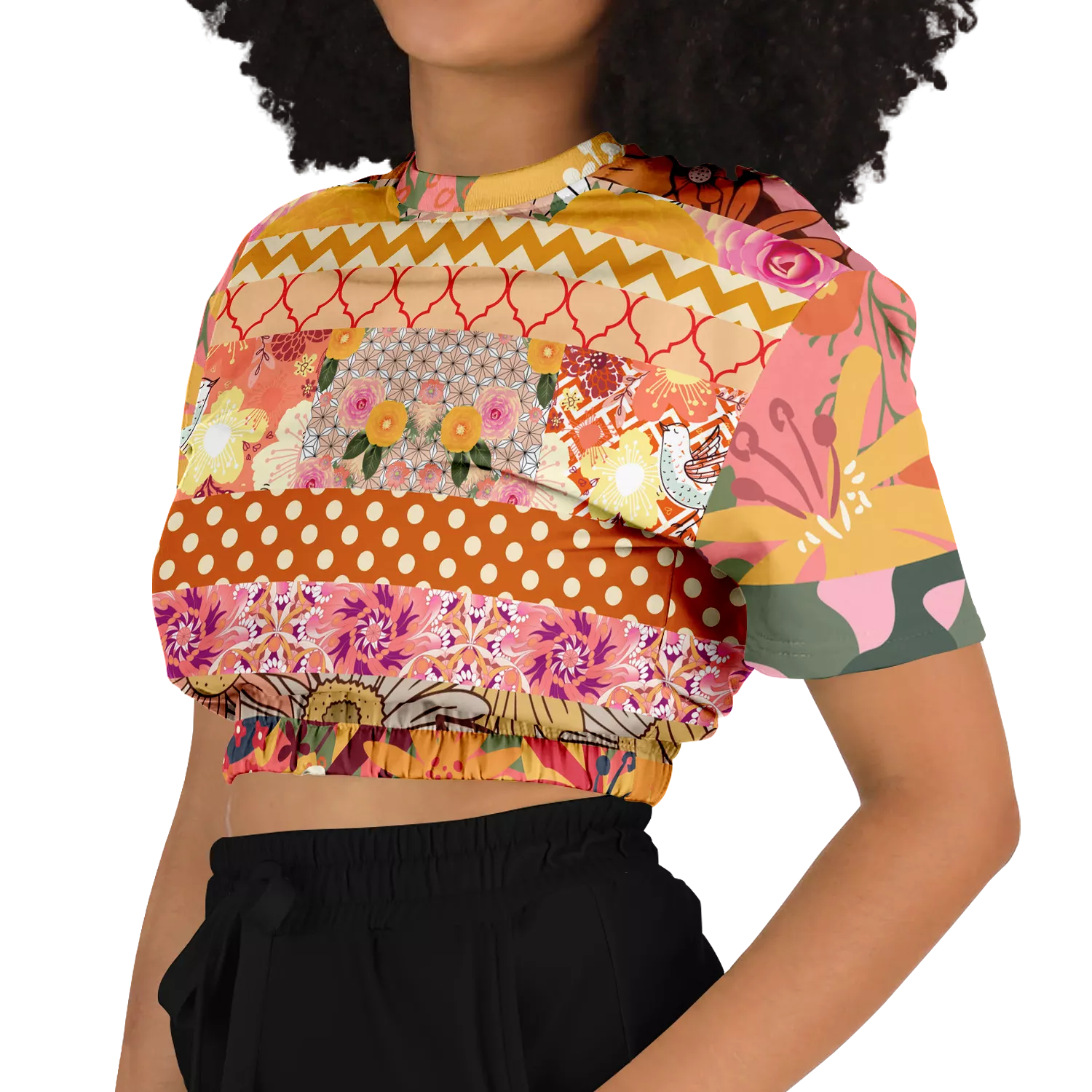 Yogananda Striped Floral Patchwork Crop Sweater