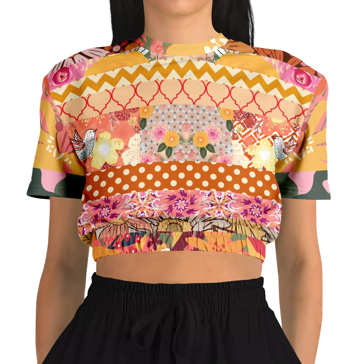 Yogananda Striped Floral Patchwork Crop Sweater