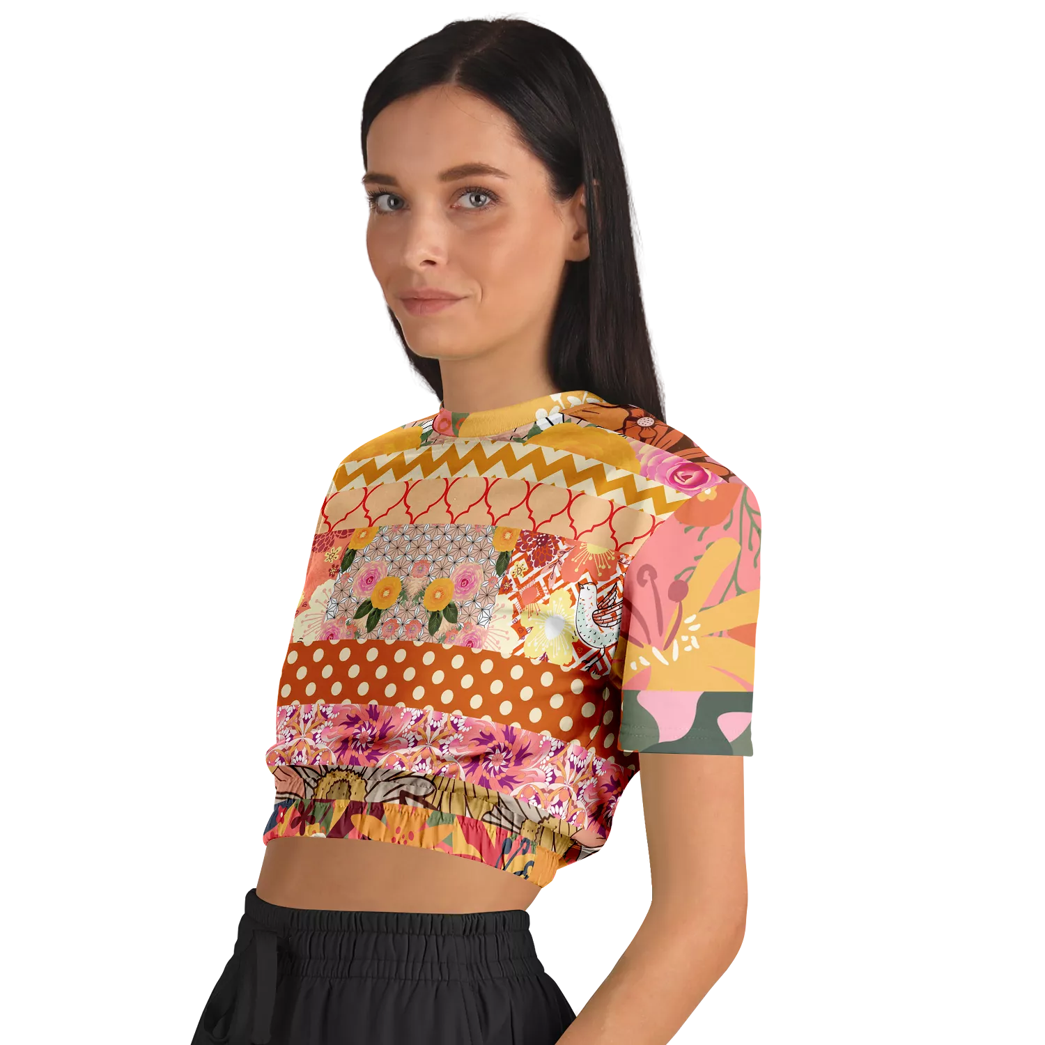 Yogananda Striped Floral Patchwork Crop Sweater