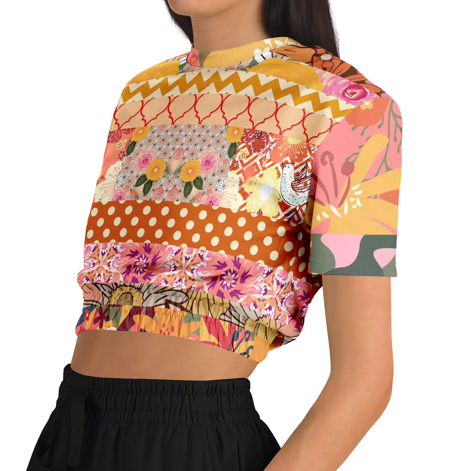 Yogananda Striped Floral Patchwork Crop Sweater