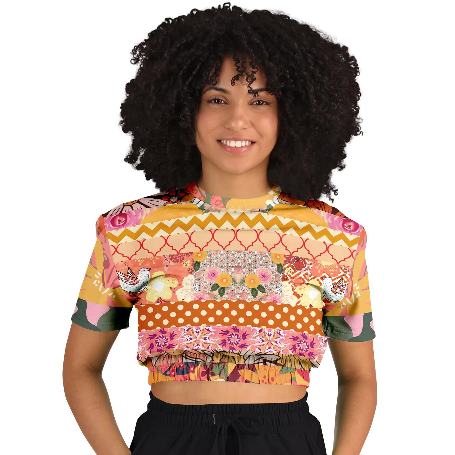 Yogananda Striped Floral Patchwork Crop Sweater